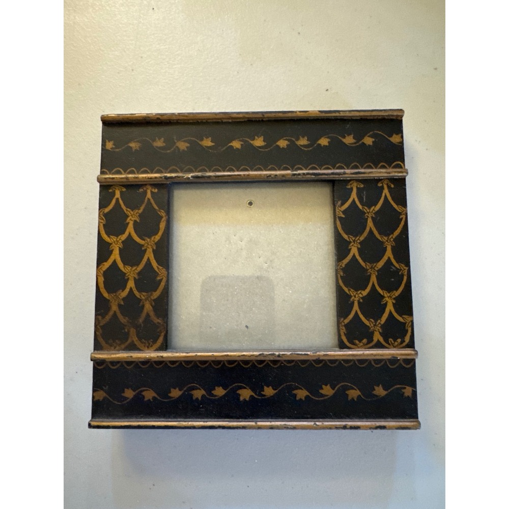 Vintage 1997 Terragrafics Hand Painted Black Gold Trellis Square Photo Frame 6x6